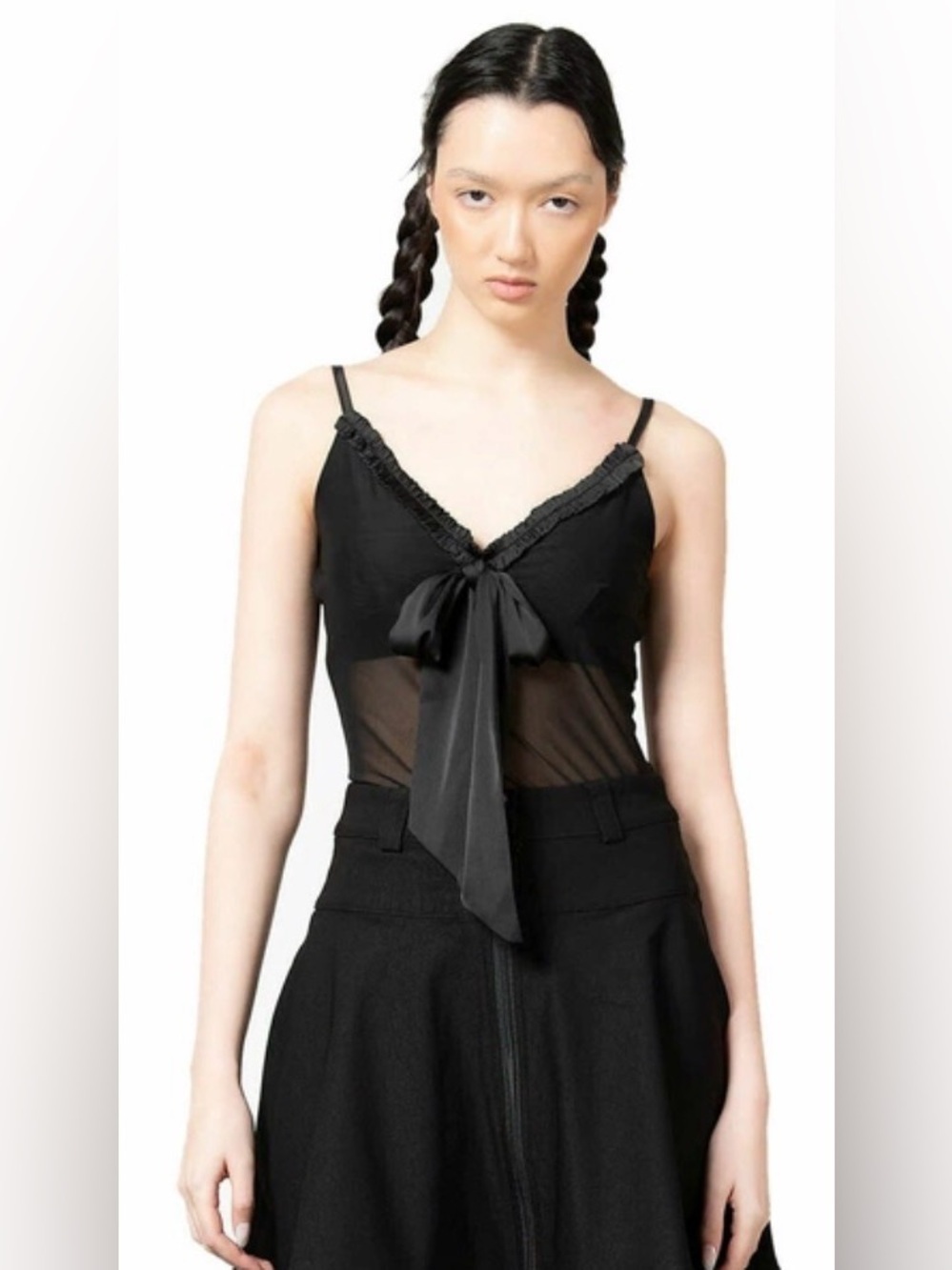 Killstar Yūna Ribbon Mesh Top XL Black Sheer Gothic Cami Goth Bow Tank Stretch